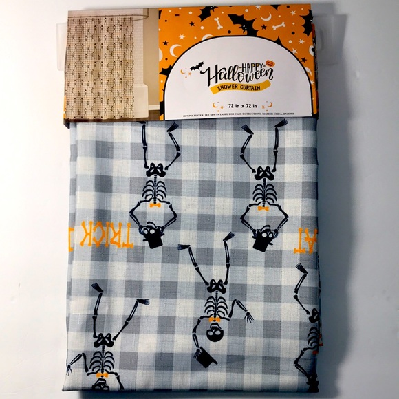 Happy Halloween Fabric Shower Curtain Skeletons - Picture 1 of 5